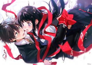 Картинка аниме hyouka красная лента связаны парень девушка
