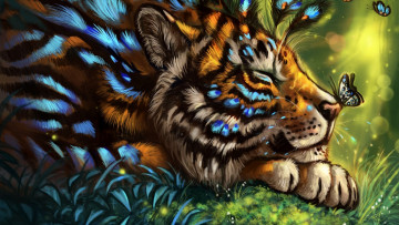 Картинка рисованное животные +тигры тигр перья бабочки