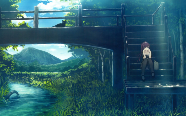 Обои картинки фото аниме, bakemonogatari, senjougahara hitagi, девушка, платье, лестница, кошка, природа, горы, мост, трава, небо, облака, река, вода, растения