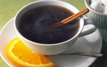 Картинка еда кофе кофейные зёрна чашка палочка корицы сахар апельсин