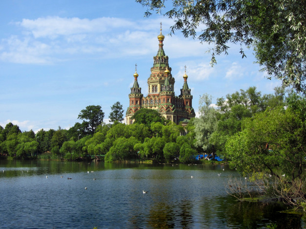 Обои картинки фото петергоф, санкт, петербург, города, россия, река, храм