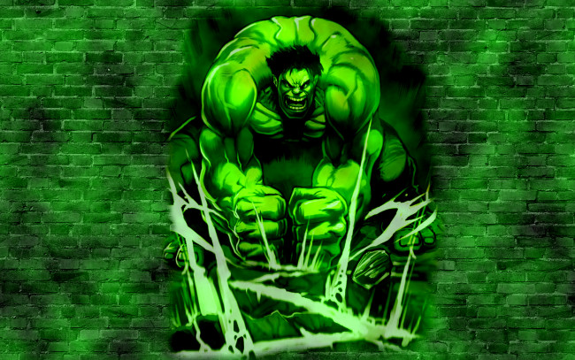 Обои картинки фото халк, рисованные, комиксы, зеленый, hulk, крушит, мускулы, комикс, ломает, злой, кирпич