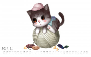 Картинка календари рисованные +векторная+графика клубок нитки пуговицы кот