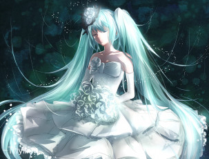 Картинка аниме vocaloid девушка взгляд фон платье волосы цветы