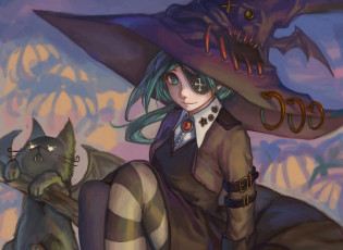 Картинка аниме магия +колдовство +halloween тыквы кот halloween хеллоуин ведьма девочка