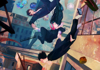 Картинка аниме город +улицы +здания арт takeji девушка парни падение высота дома школьники