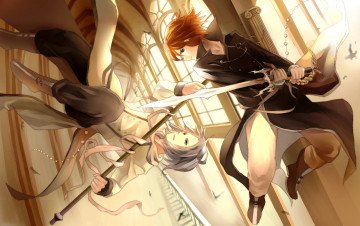 Картинка аниме оружие +техника +технологии парни бой двое меч рыжий блондин