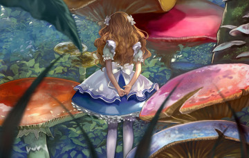Картинка аниме alice+in+wonderland бантики грибы девочка алиса alice in wonderland