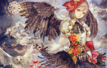 Картинка аниме ангелы +демоны фотоаппарат книга сова маска крылья перья цветы девушка