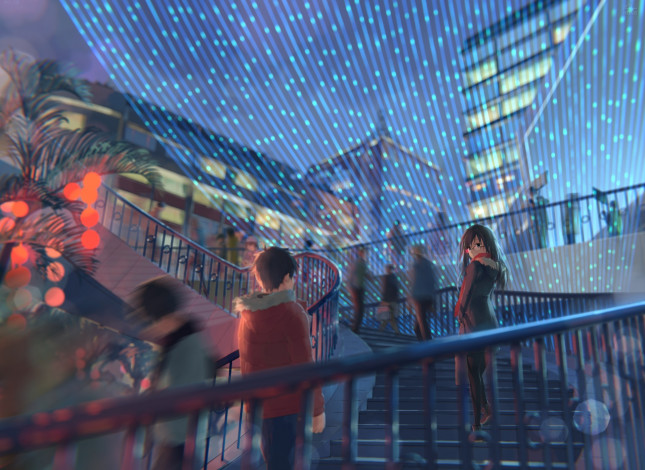 Обои картинки фото аниме, город,  улицы,  здания, люди, девушка, огни, ночь, арт, парень, optical-core
