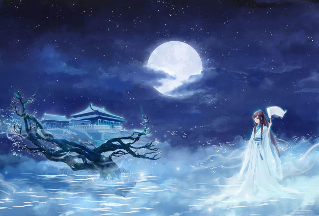 Обои картинки фото аниме, unknown,  другое, храм, звезды, облака, луна, ночь, кимоно, девушка, сакура, свиток