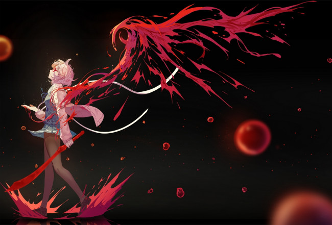 Обои картинки фото аниме, kyoukai no kanata, kuriyama, mirai, kyoukai, no, kanata, daaijianglin, nanaya, кровь, оружие, арт, девушка, крылья, меч