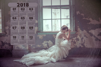 обоя календари, девушки, 2018, азиатка, платье, окно