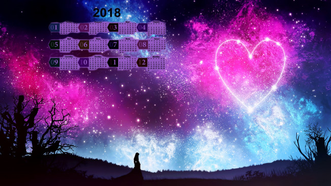 Обои картинки фото календари, компьютерный дизайн, звезда, небо, сердце, 2018, девушка