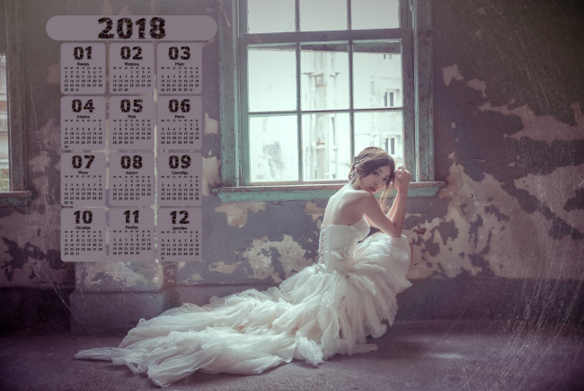 Обои картинки фото календари, девушки, 2018, азиатка, платье, окно