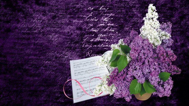 Обои картинки фото цветы, сирень, лиловый, букет, ноты