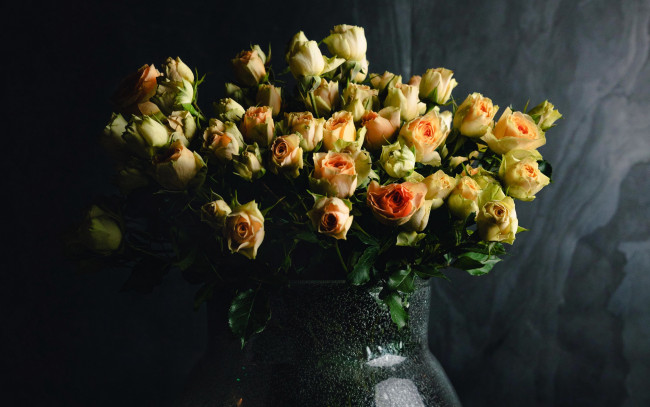 Обои картинки фото цветы, розы, букет, ваза, бутоны, персиковый