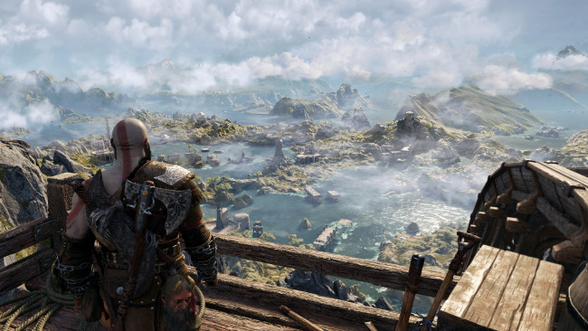 Обои картинки фото видео игры, god of war,  ragnarok, воин, горы, озера, панорама