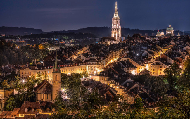 Обои картинки фото города, берн , швейцария, вечер, огни, панорама