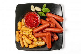 Картинка еда колбасные+изделия соус сосиски базилик чеснок
