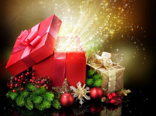 Картинка праздничные подарки коробочки новогодние украшения