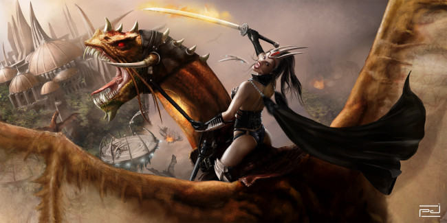 Обои картинки фото атака, фэнтези, драконы, девушка, меч, замок