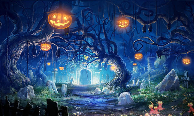 Обои картинки фото helloween, праздничные, хэллоуин, тыквы, арт, деревья, камни, склеп, могилы, огни, ночь, кладбище, летучие, мыши