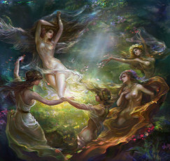 Картинка рисованные живопись rong девушки крылья обнаженные свет венок цветы грудь