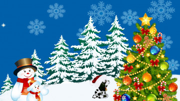 обоя праздничные, векторная графика , новый год, елка, снеговик