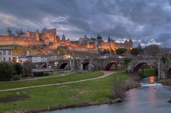 Обои картинки фото carcassonne castle франция, города, - дворцы,  замки,  крепости, мост, река, замок, франция, carcassonne, castle