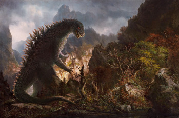 Картинка фэнтези существа горы динозавр годзилла чудовище монстр существо лес