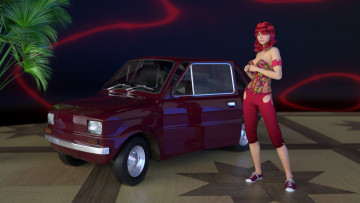 Картинка автомобили 3d+car&girl рыжая фон взгляд девушка автомобиль