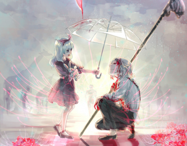 Обои картинки фото аниме, tokyo ghoul, токийский, гуль, арт, джузо, девочка, кровь, зонт, цветы