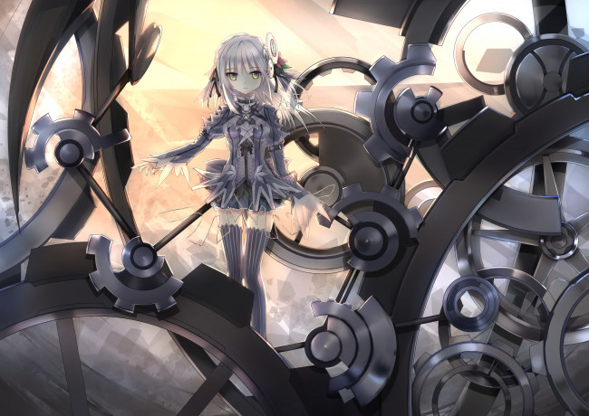 Обои картинки фото аниме, оружие,  техника,  технологии, девочка, арт, aoi-kao-lsz7106, шестирёнки, механизм