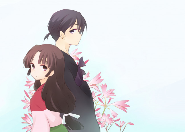 Обои картинки фото аниме, inuyasha, санго, пара, цветы, мироку, фон