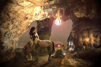 Картинка фэнтези фотоарт девушка фон пещера кентавр