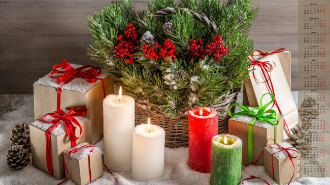 Обои картинки фото календари, праздники,  салюты, корзина, 2018, подарок, шишка, свеча