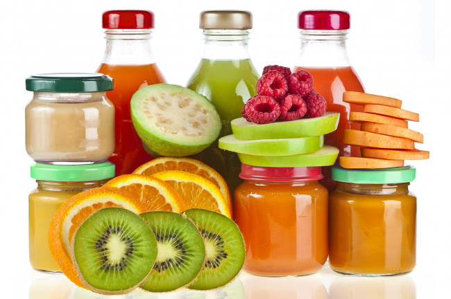 Обои картинки фото еда, разное, малина, яблоко, апельсин, киви, фрукты, пюре, соки