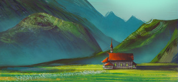 Картинка рисованное природа горы здание
