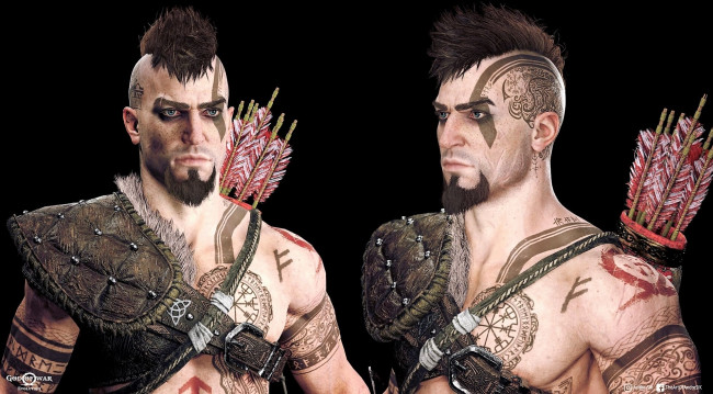 Обои картинки фото видео игры, god of war,  ragnarok, воин, тату, стрелы