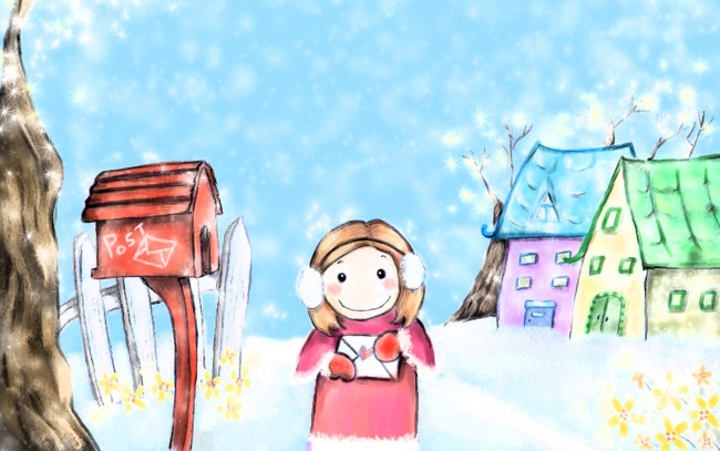Обои картинки фото рисованное, дети, девочка, письмо, ящик, дома, снег