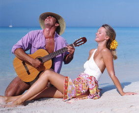 обоя разное, мужчина женщина, шляпа, пляж, гитара