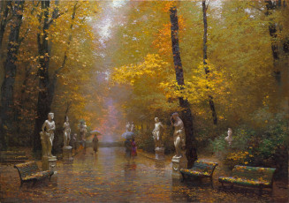 Картинка рисованные виктор низовцев золотая листопад дождь зонты прогулка статуи скамейки осень деревья парк