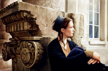 Картинка рисованные edson campos окно девушка сидит задумчивость шатенка колонна камни океан штиль водная гладь закат