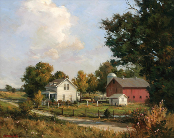 Обои картинки фото рисованные, john, pototschnik, облака, ферма, дом, деревья, тропинка, небо