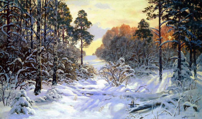 Обои картинки фото рисованные, андрей, герасимов, а, , лес, зима, снег, сугробы, просека, деревья, сосны, свет