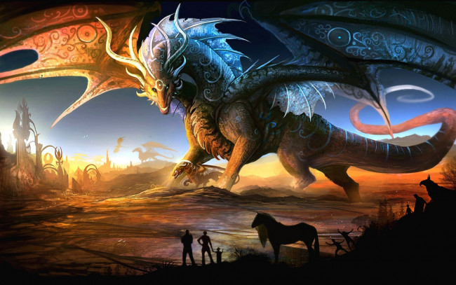 Обои картинки фото dragon, фэнтези, драконы, люди, лошади