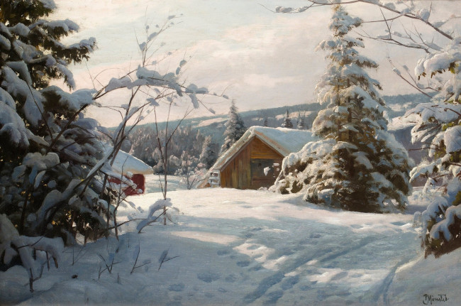 Обои картинки фото рисованные, peder, mork, monsted, домик, сугробы, деревья, снег, зима, елки