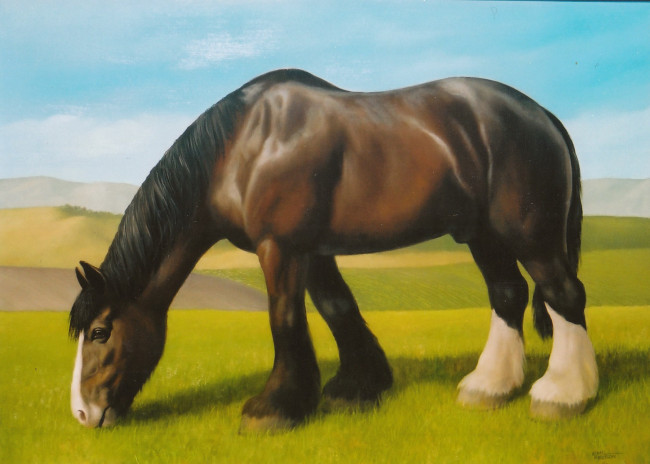 Обои картинки фото рисованные, животные, лошади, лето, трава, лошадь