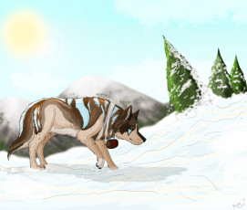 Картинка рисованные животные +сказочные +мифические деревья снег спасатель собака